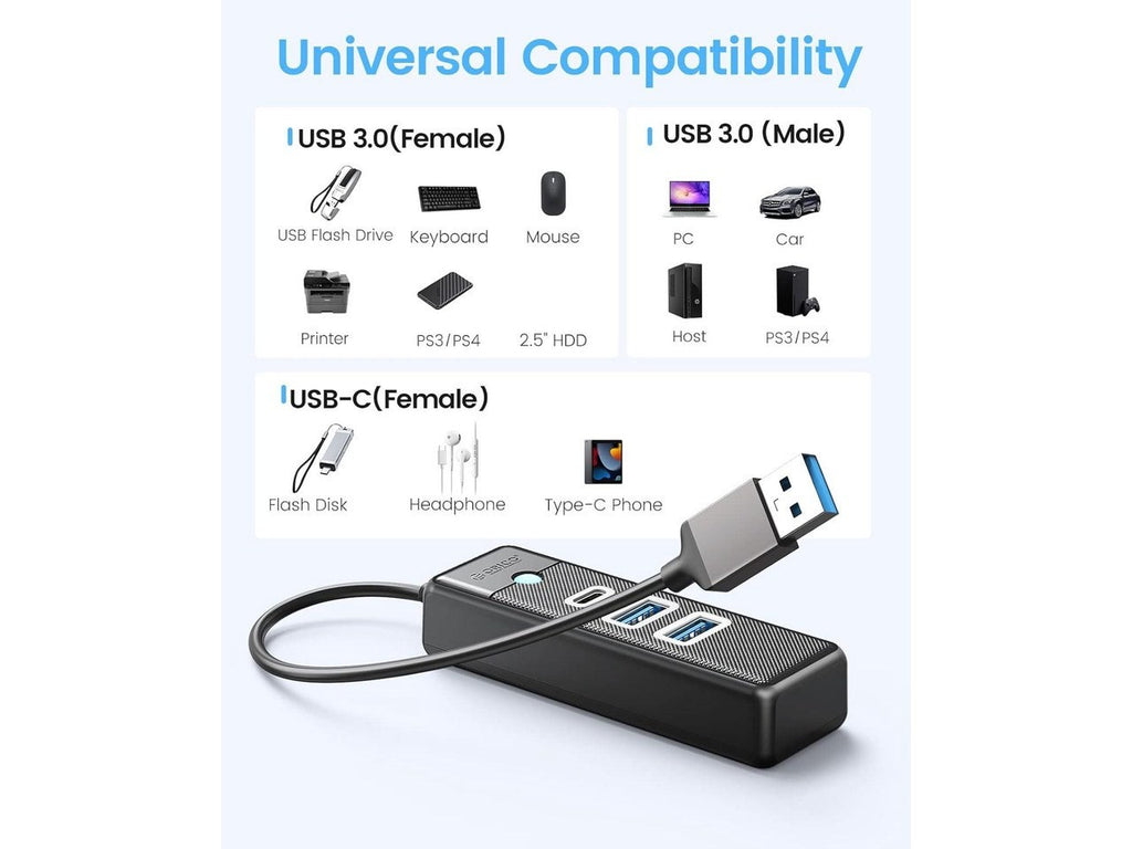 ORICO 3-Port USB 3.1 Hub - 2x USB-A + 1x USB-C, 0.5 ft - White