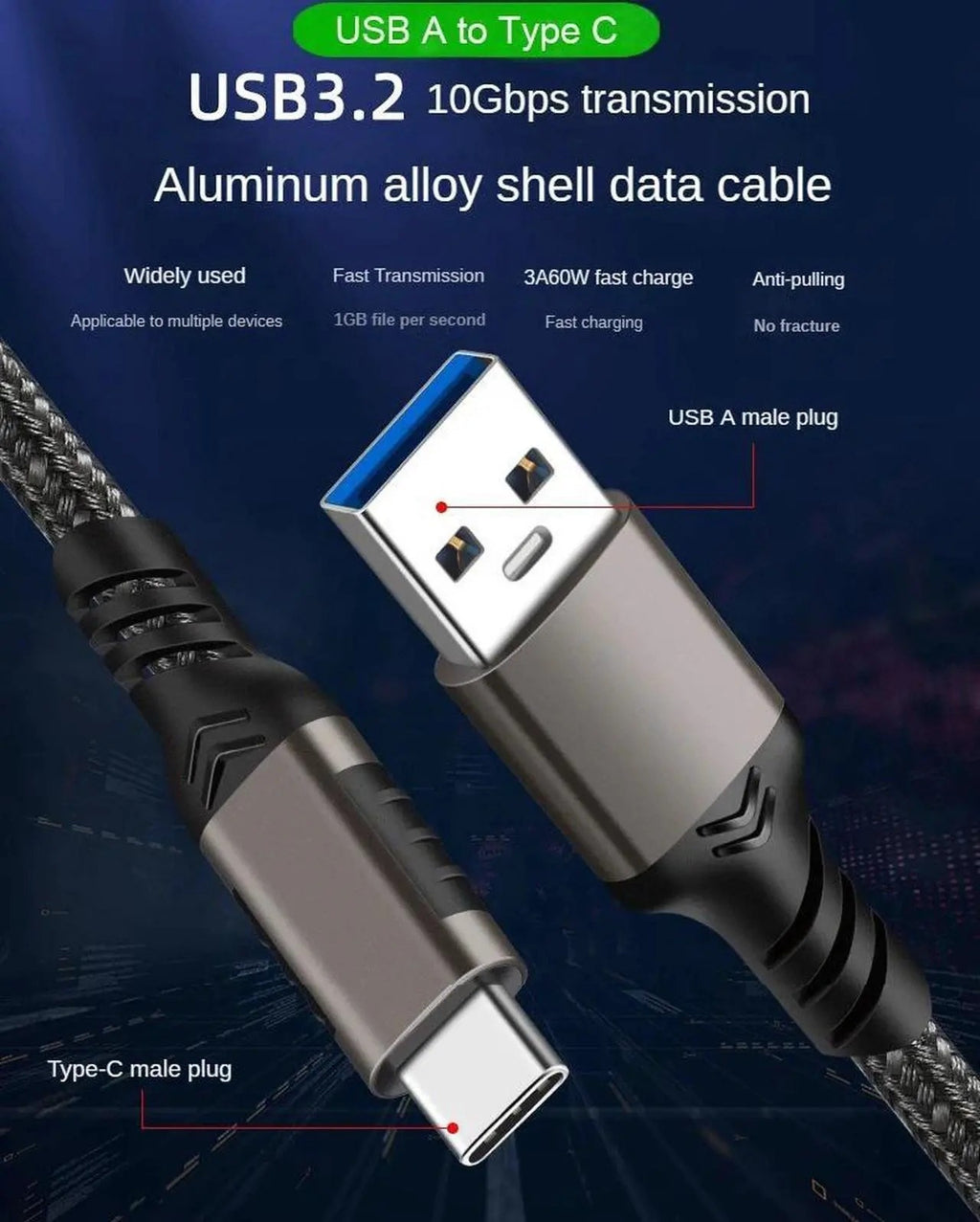 Hannord USB 3.2 Gen 2 Cable, USB-A to USB-C, 10Gbps, 60W, 6.6 ft Braided